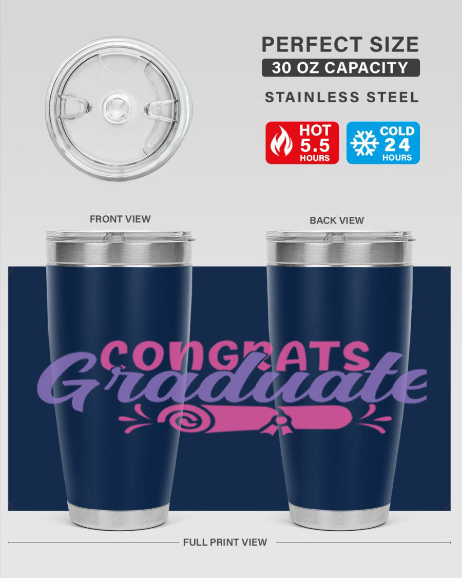 Congrats Graduate 20oz Tumbler featuring double wall vacuum insulation and a stylish design, perfect for hot and cold beverages.