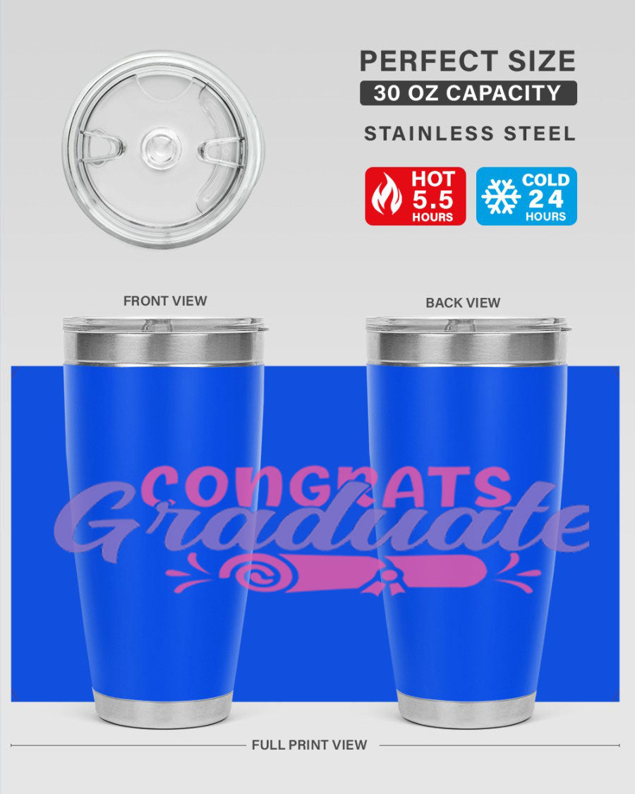 Congrats Graduate 20oz Tumbler featuring double wall vacuum insulation and a stylish design, perfect for hot and cold beverages.