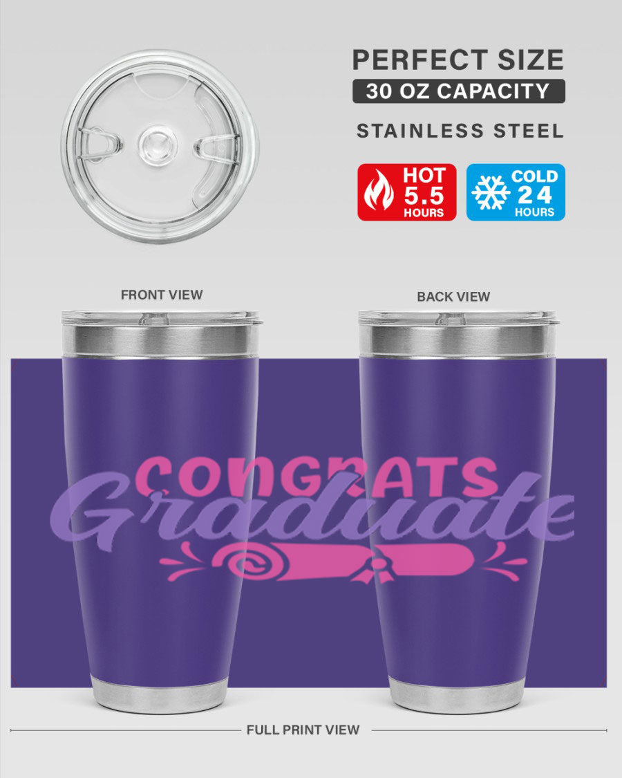 Congrats Graduate 20oz Tumbler featuring double wall vacuum insulation and a stylish design, perfect for hot and cold beverages.