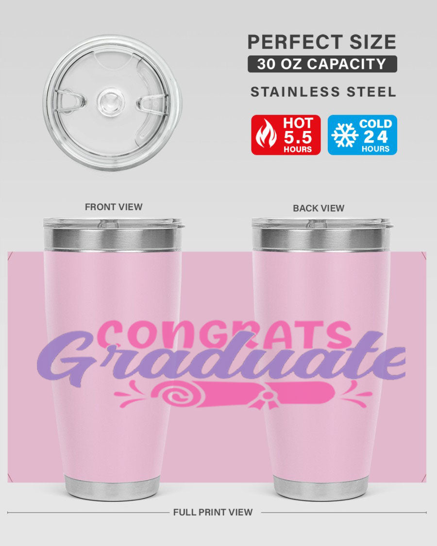 Congrats Graduate 20oz Tumbler featuring double wall vacuum insulation and a stylish design, perfect for hot and cold beverages.