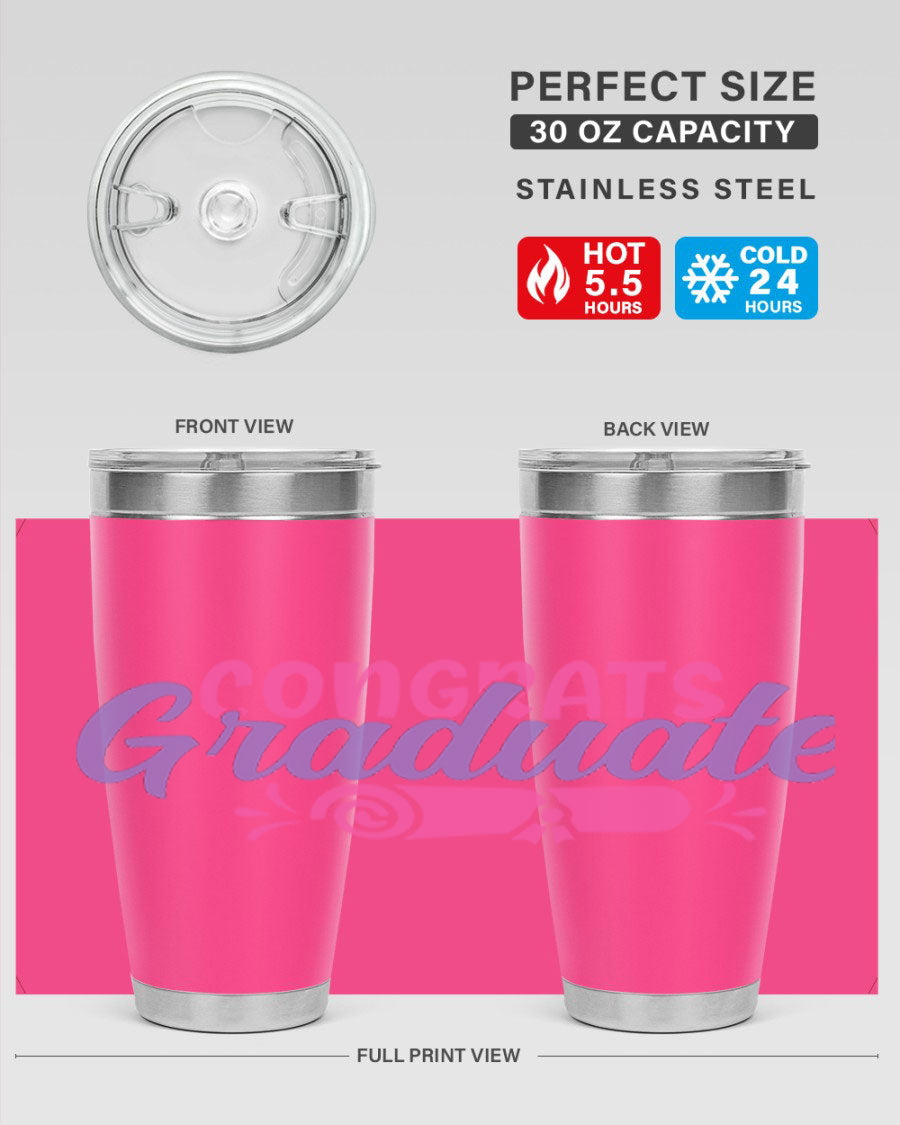 Congrats Graduate 20oz Tumbler featuring double wall vacuum insulation and a stylish design, perfect for hot and cold beverages.