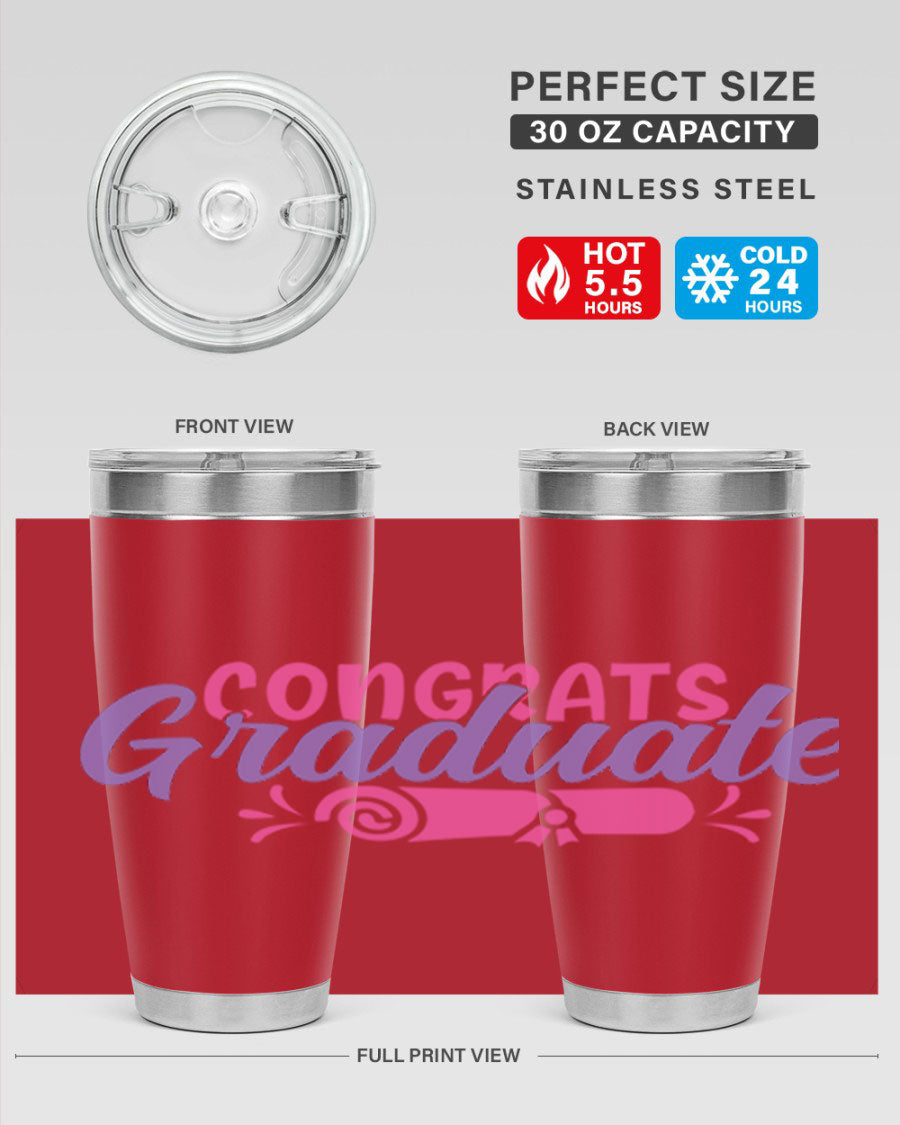 Congrats Graduate 20oz Tumbler featuring double wall vacuum insulation and a stylish design, perfect for hot and cold beverages.