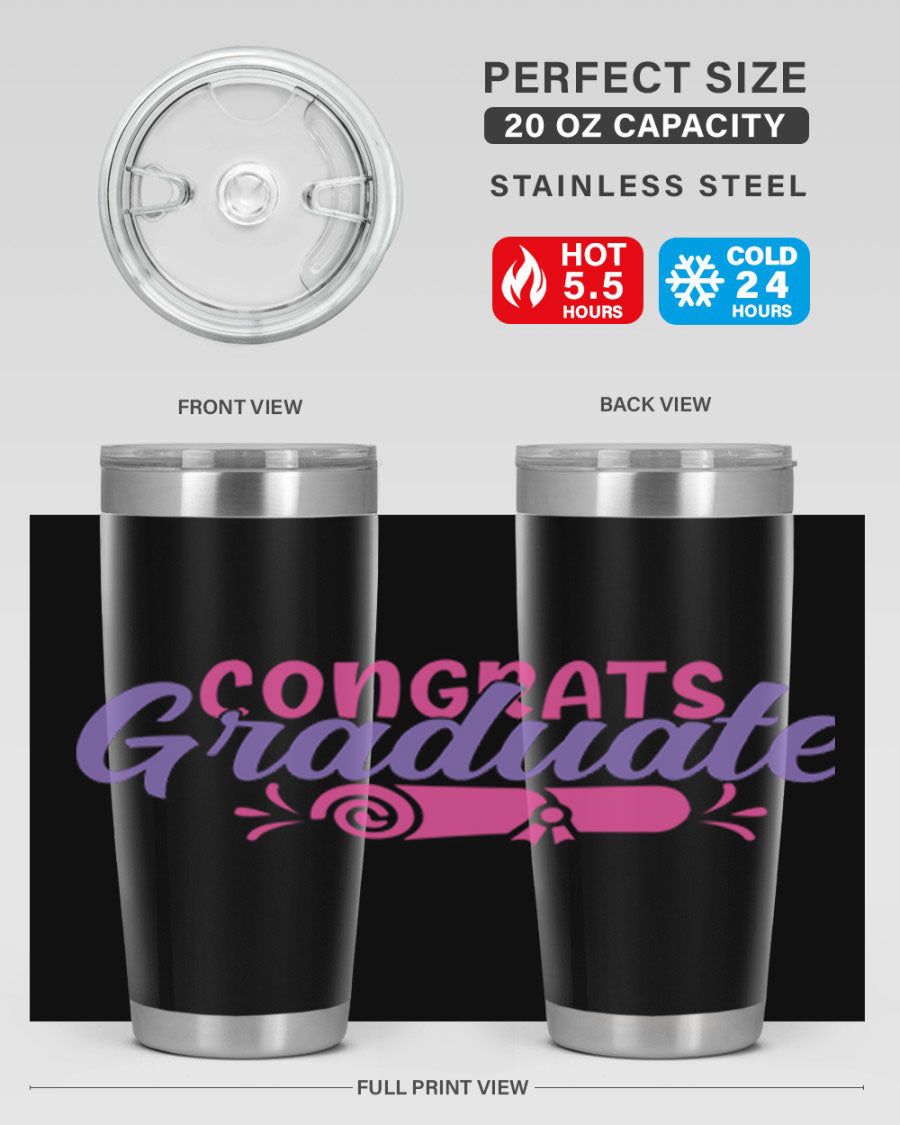 Congrats Graduate 20oz Tumbler featuring double wall vacuum insulation and a stylish design, perfect for hot and cold beverages.