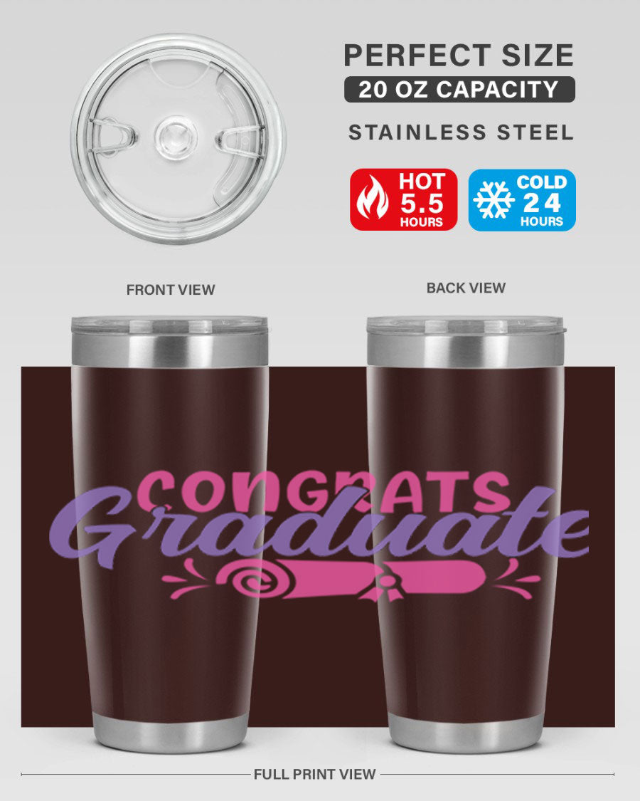 Congrats Graduate 20oz Tumbler featuring double wall vacuum insulation and a stylish design, perfect for hot and cold beverages.