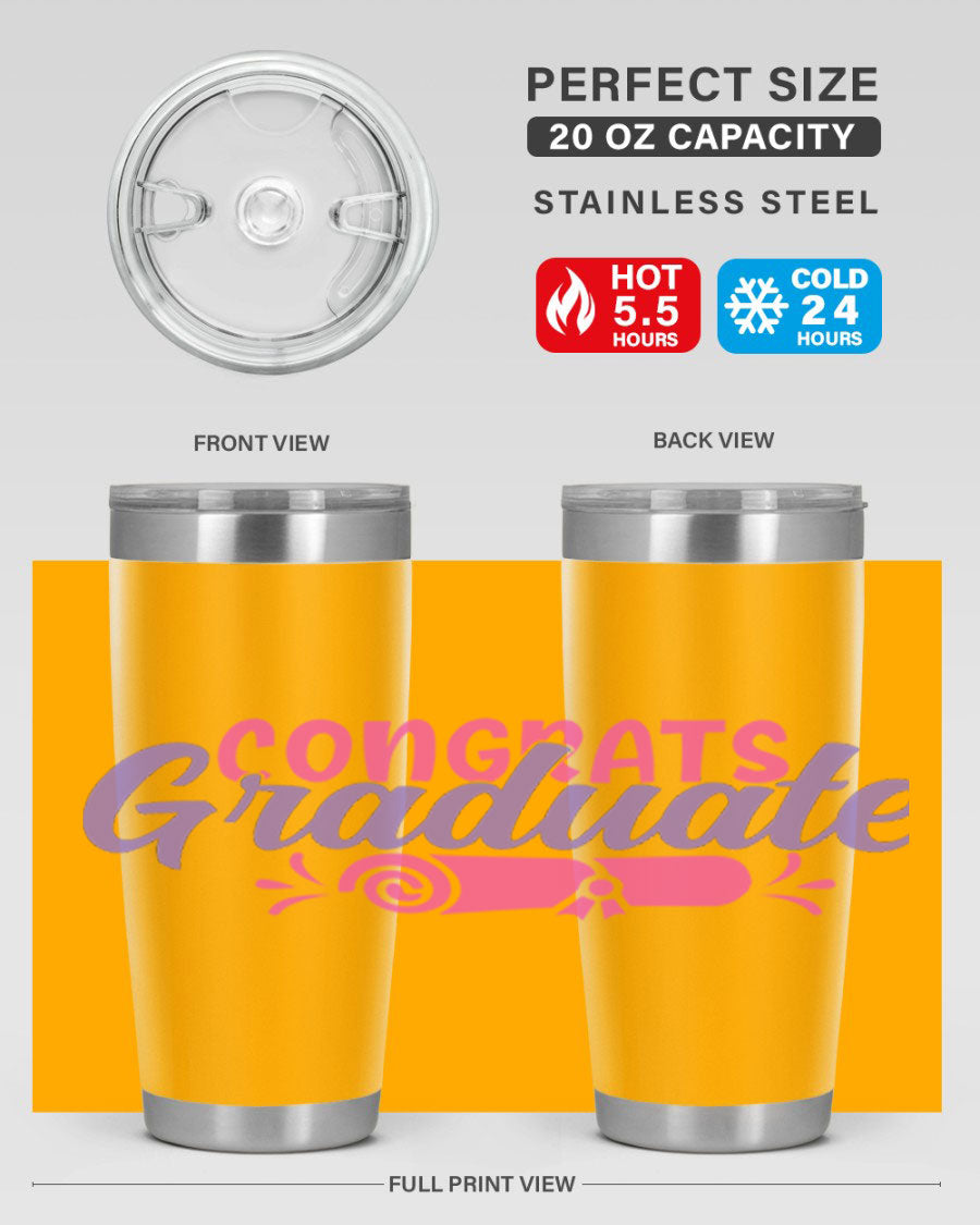 Congrats Graduate 20oz Tumbler featuring double wall vacuum insulation and a stylish design, perfect for hot and cold beverages.