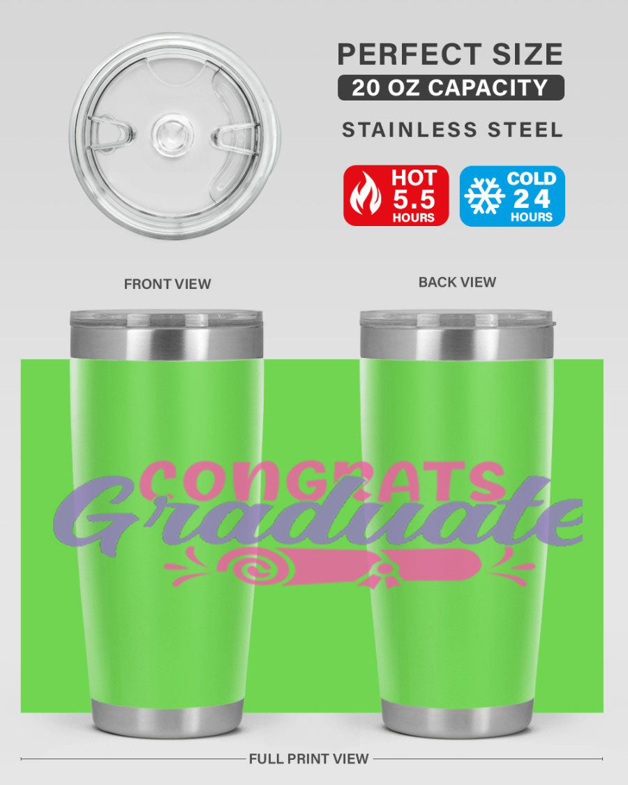 Congrats Graduate 20oz Tumbler featuring double wall vacuum insulation and a stylish design, perfect for hot and cold beverages.
