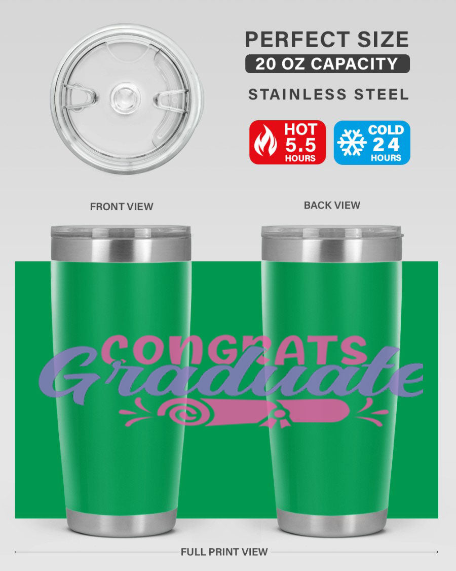 Congrats Graduate 20oz Tumbler featuring double wall vacuum insulation and a stylish design, perfect for hot and cold beverages.