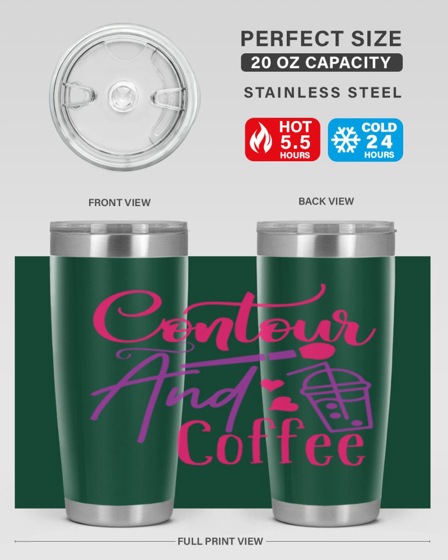 Contour And Coffee Style 243# 20oz Tumbler in stainless steel with a drink-thru lid, showcasing its sleek design and double wall vacuum insulation.