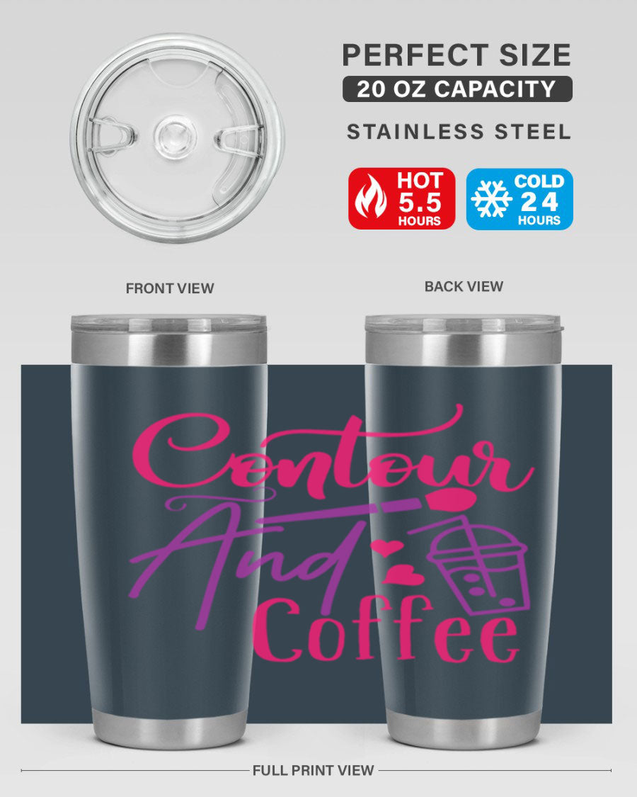 Contour And Coffee Style 243# 20oz Tumbler in stainless steel with a drink-thru lid, showcasing its sleek design and double wall vacuum insulation.