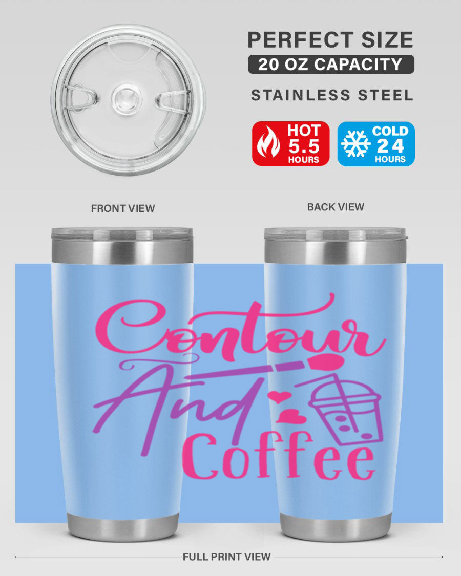 Contour And Coffee Style 243# 20oz Tumbler in stainless steel with a drink-thru lid, showcasing its sleek design and double wall vacuum insulation.