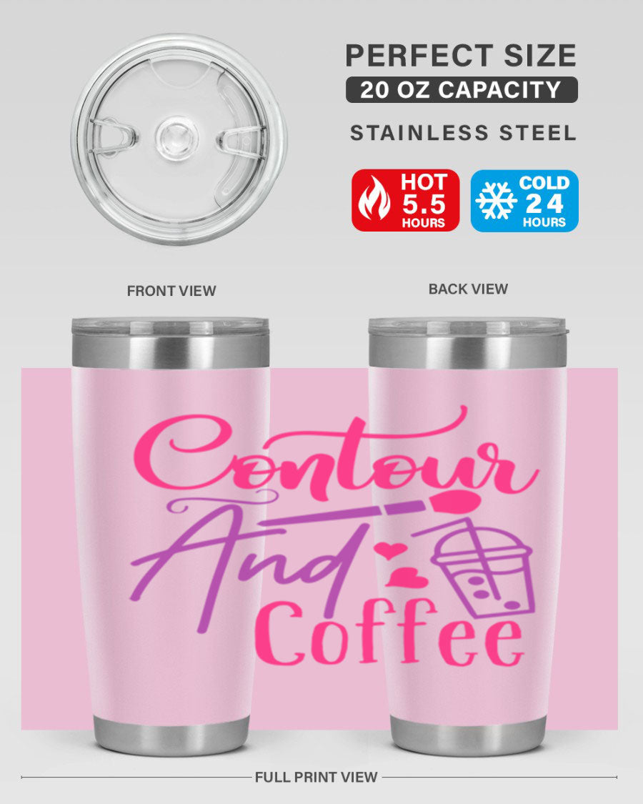 Contour And Coffee Style 243# 20oz Tumbler in stainless steel with a drink-thru lid, showcasing its sleek design and double wall vacuum insulation.