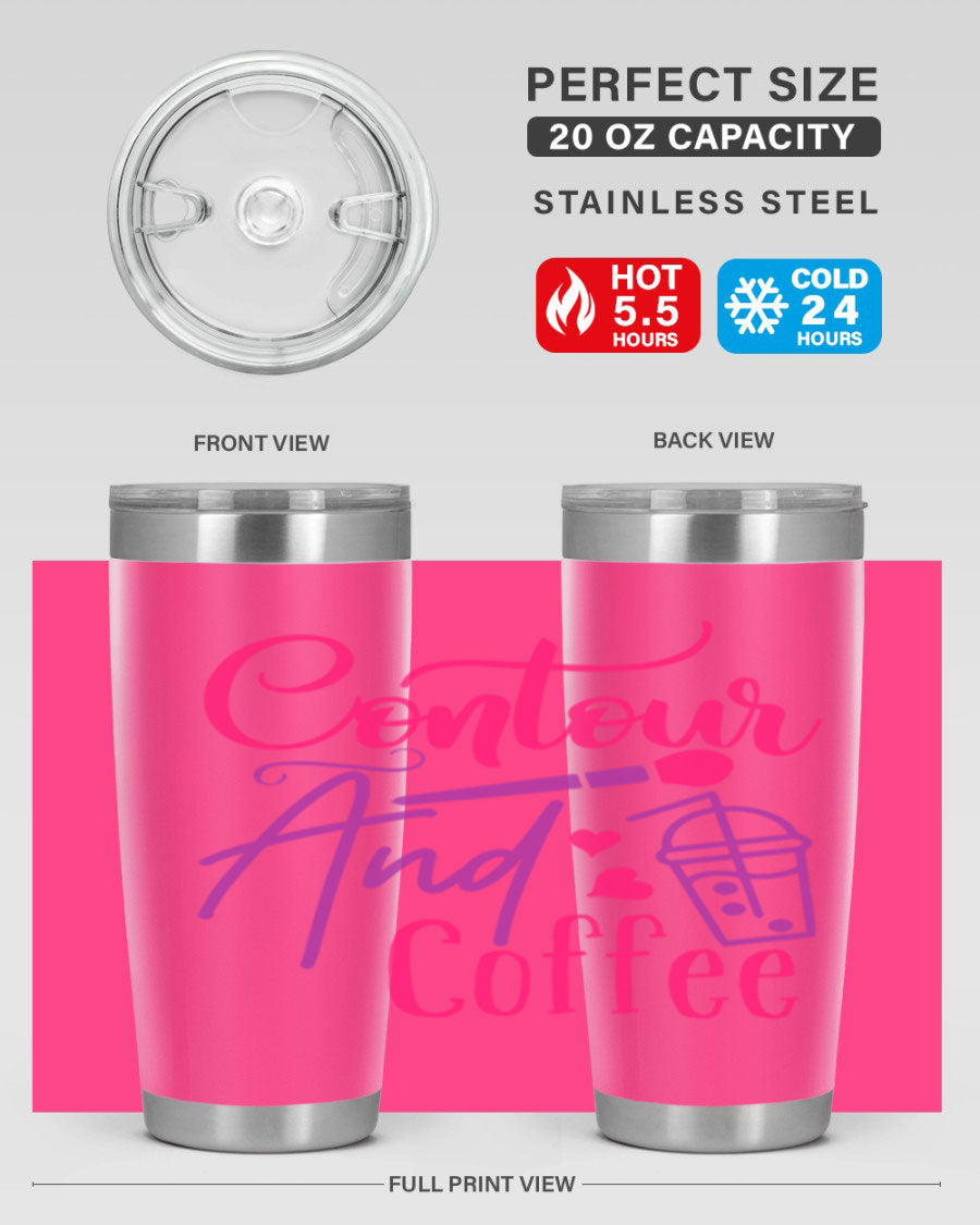 Contour And Coffee Style 243# 20oz Tumbler in stainless steel with a drink-thru lid, showcasing its sleek design and double wall vacuum insulation.