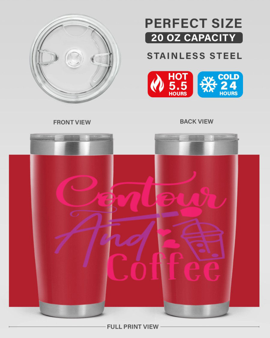 Contour And Coffee Style 243# 20oz Tumbler in stainless steel with a drink-thru lid, showcasing its sleek design and double wall vacuum insulation.