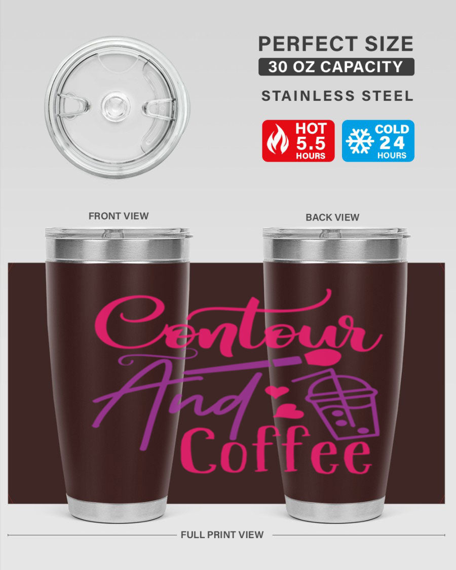 Contour And Coffee Style 243# 20oz Tumbler in stainless steel with a drink-thru lid, showcasing its sleek design and double wall vacuum insulation.