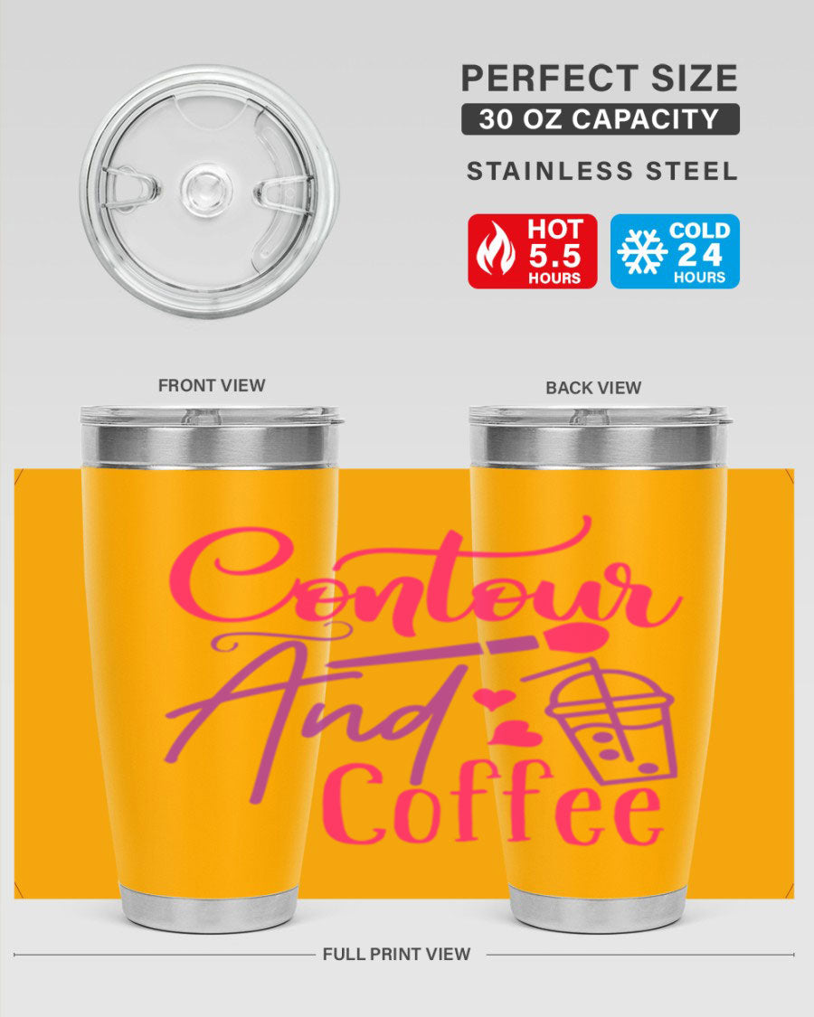 Contour And Coffee Style 243# 20oz Tumbler in stainless steel with a drink-thru lid, showcasing its sleek design and double wall vacuum insulation.
