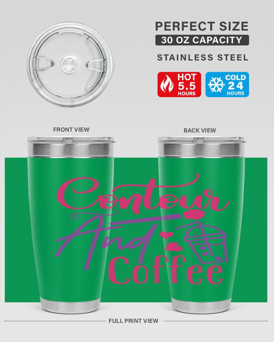 Contour And Coffee Style 243# 20oz Tumbler in stainless steel with a drink-thru lid, showcasing its sleek design and double wall vacuum insulation.