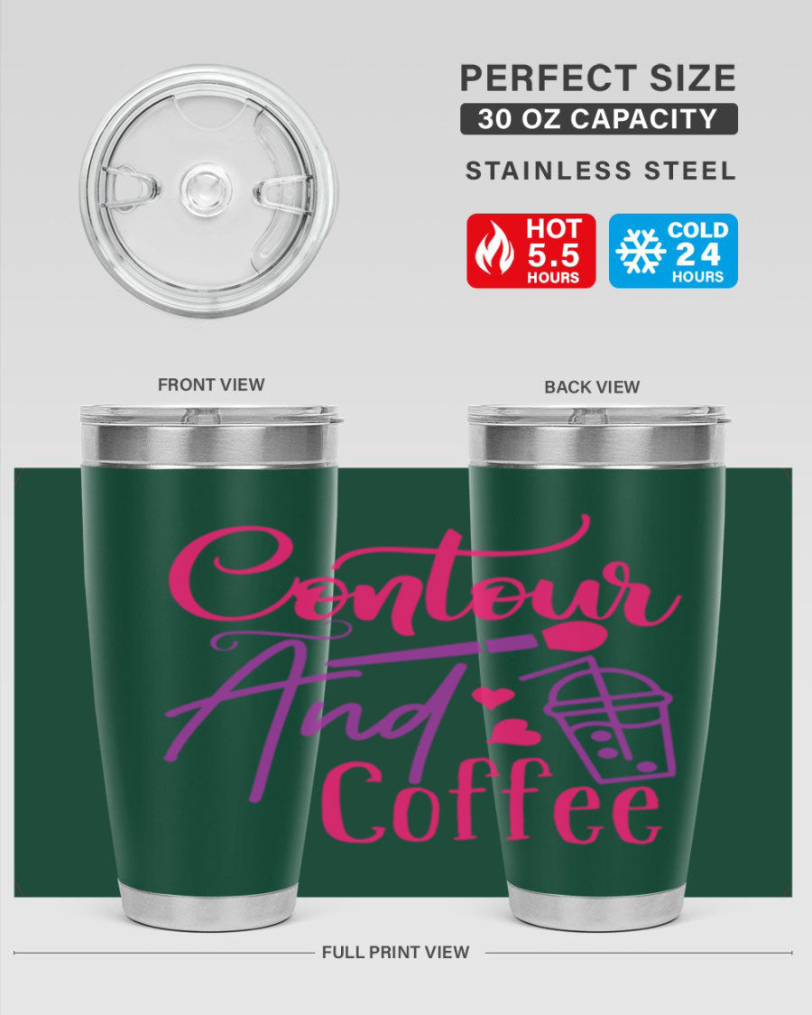 Contour And Coffee Style 243# 20oz Tumbler in stainless steel with a drink-thru lid, showcasing its sleek design and double wall vacuum insulation.