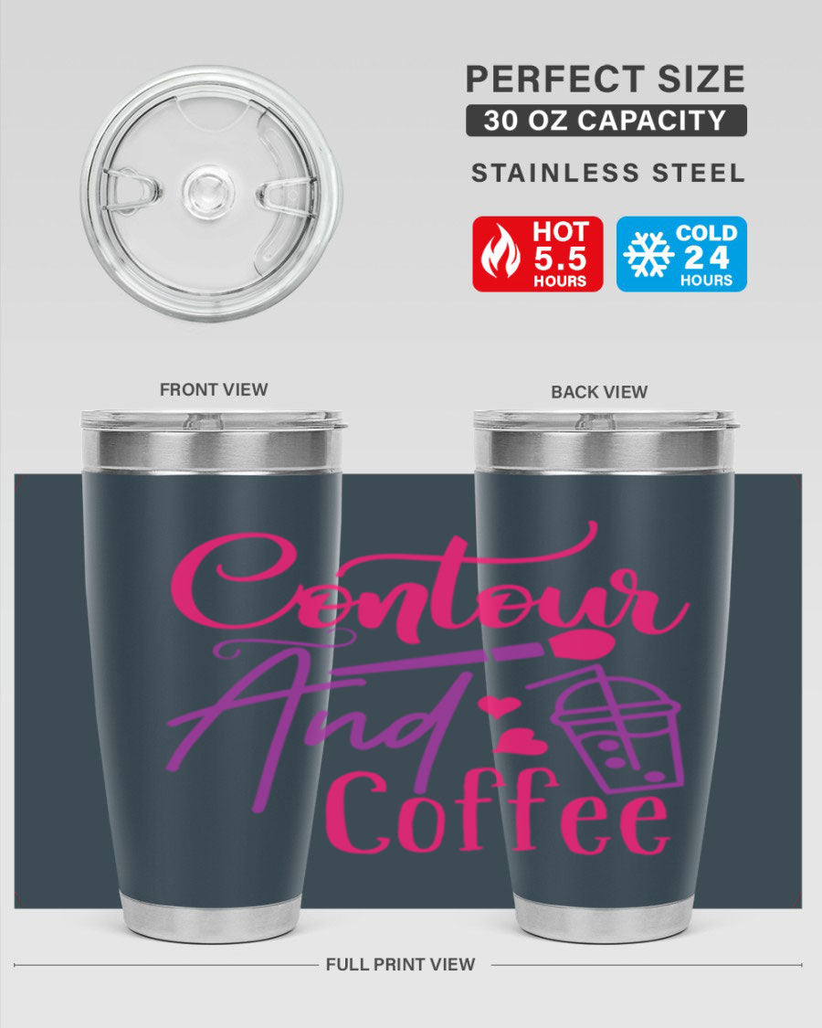 Contour And Coffee Style 243# 20oz Tumbler in stainless steel with a drink-thru lid, showcasing its sleek design and double wall vacuum insulation.