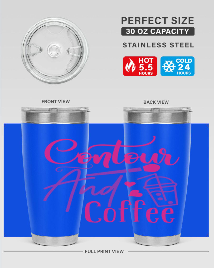 Contour And Coffee Style 243# 20oz Tumbler in stainless steel with a drink-thru lid, showcasing its sleek design and double wall vacuum insulation.