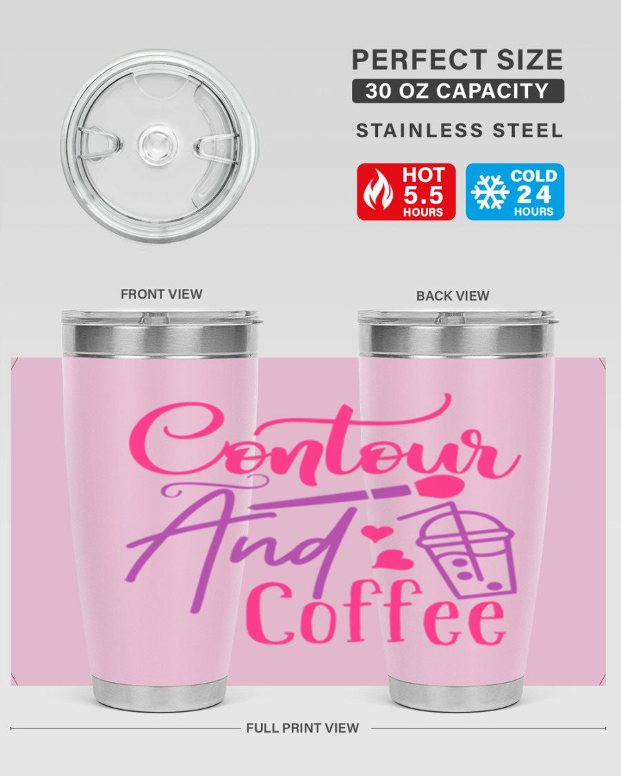 Contour And Coffee Style 243# 20oz Tumbler in stainless steel with a drink-thru lid, showcasing its sleek design and double wall vacuum insulation.