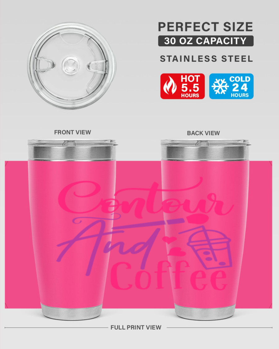 Contour And Coffee Style 243# 20oz Tumbler in stainless steel with a drink-thru lid, showcasing its sleek design and double wall vacuum insulation.