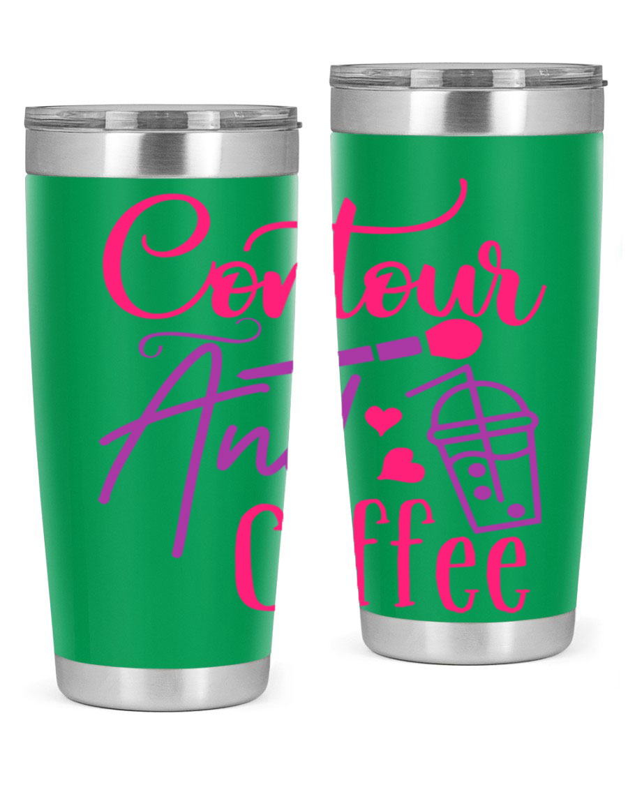 Contour And Coffee Style 243# 20oz Tumbler in stainless steel with a drink-thru lid, showcasing its sleek design and double wall vacuum insulation.