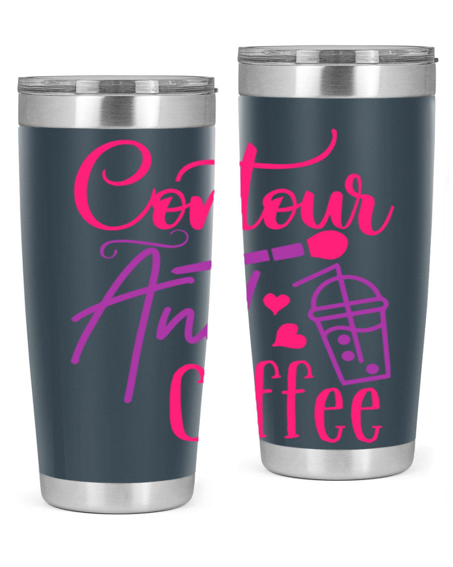 Contour And Coffee Style 243# 20oz Tumbler in stainless steel with a drink-thru lid, showcasing its sleek design and double wall vacuum insulation.