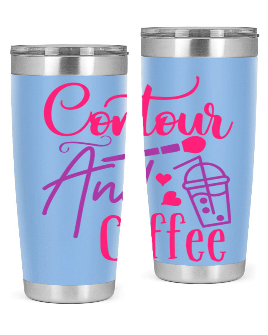 Contour And Coffee Style 243# 20oz Tumbler in stainless steel with a drink-thru lid, showcasing its sleek design and double wall vacuum insulation.