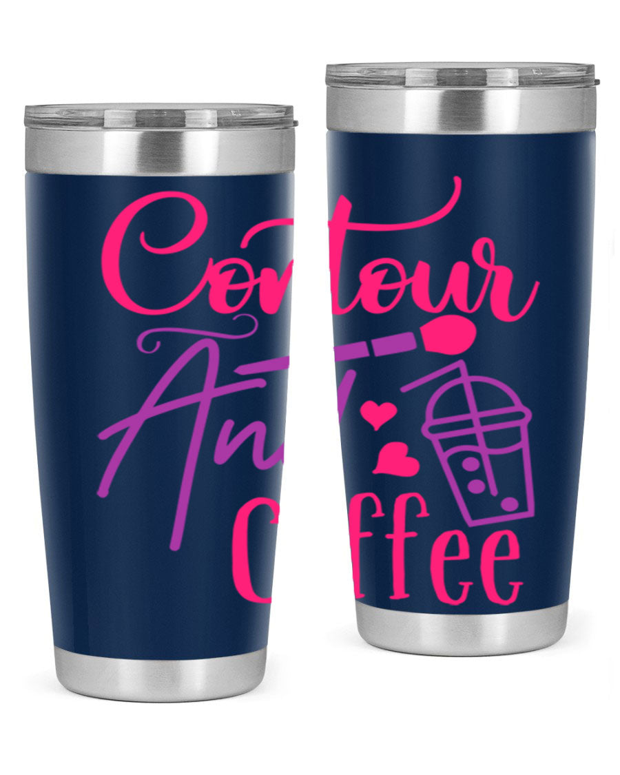 Contour And Coffee Style 243# 20oz Tumbler in stainless steel with a drink-thru lid, showcasing its sleek design and double wall vacuum insulation.