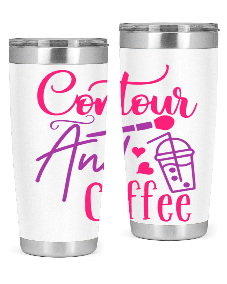Contour And Coffee Style 243# 20oz Tumbler in stainless steel with a drink-thru lid, showcasing its sleek design and double wall vacuum insulation.