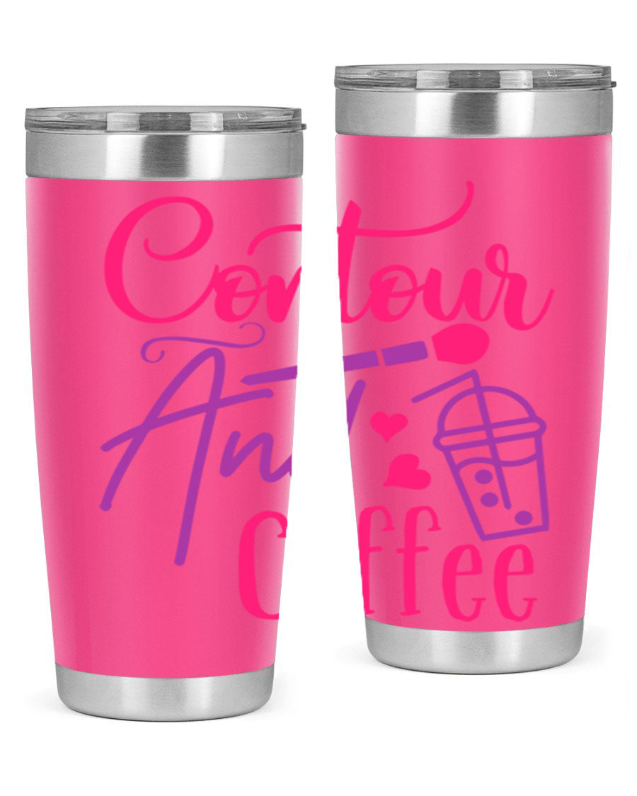 Contour And Coffee Style 243# 20oz Tumbler in stainless steel with a drink-thru lid, showcasing its sleek design and double wall vacuum insulation.