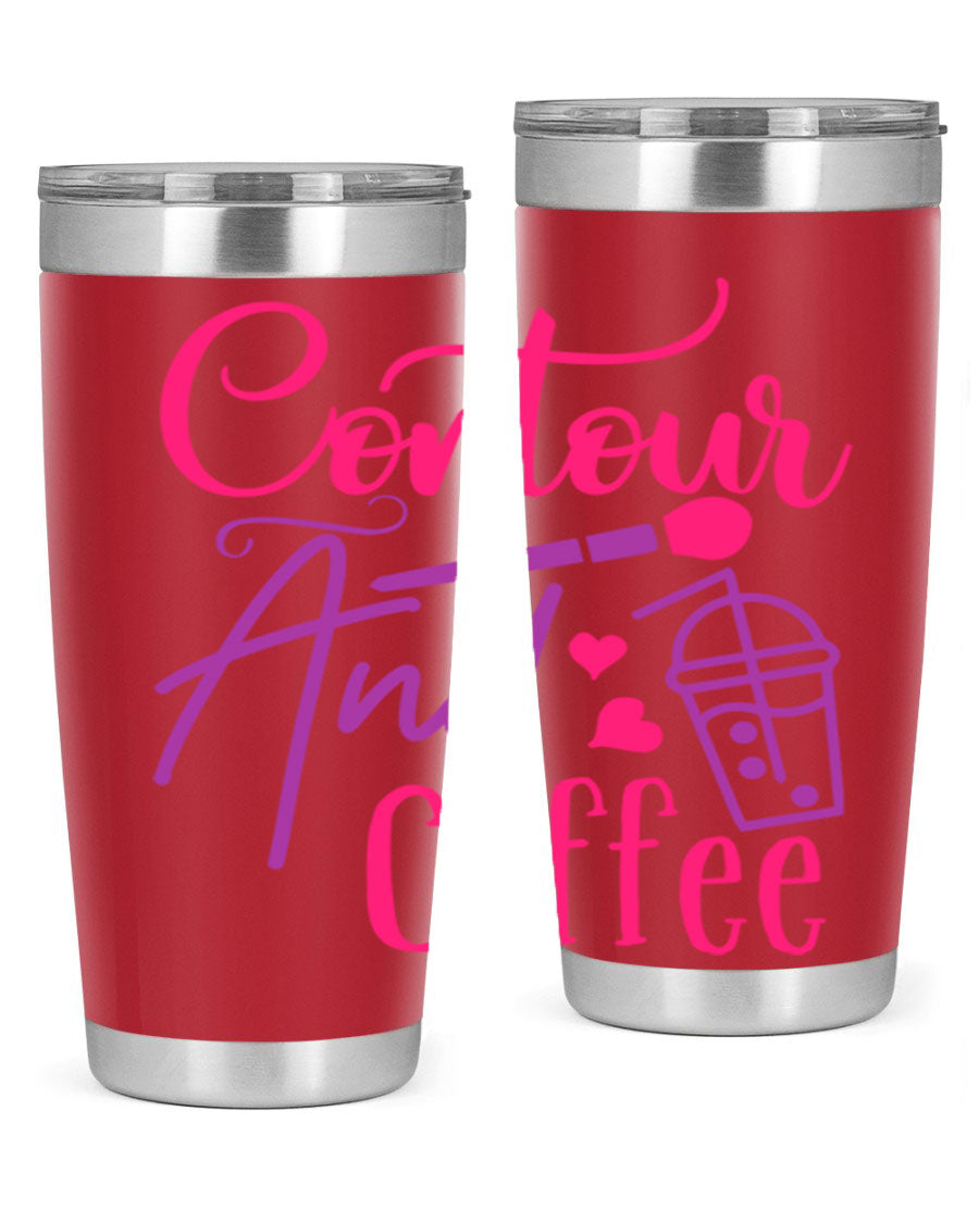Contour And Coffee Style 243# 20oz Tumbler in stainless steel with a drink-thru lid, showcasing its sleek design and double wall vacuum insulation.