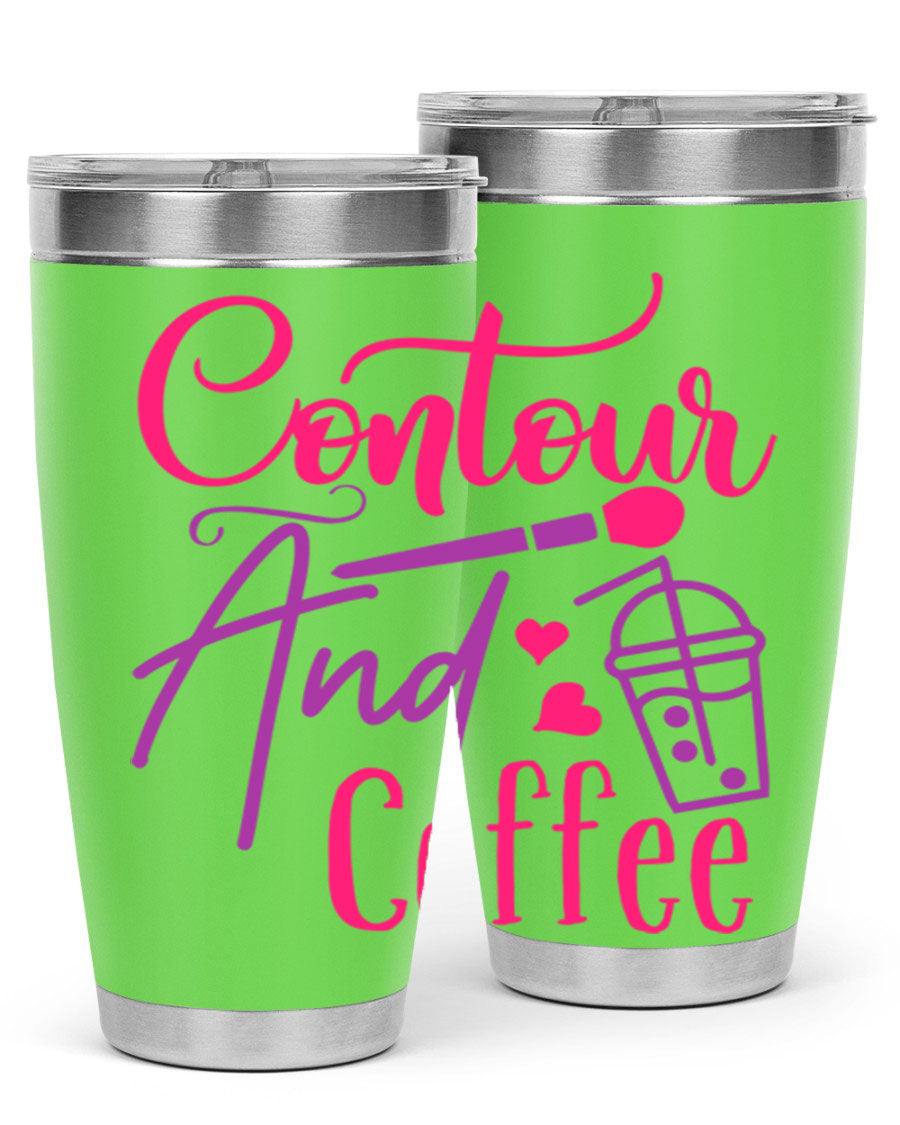 Contour And Coffee Style 243# 20oz Tumbler in stainless steel with a drink-thru lid, showcasing its sleek design and double wall vacuum insulation.