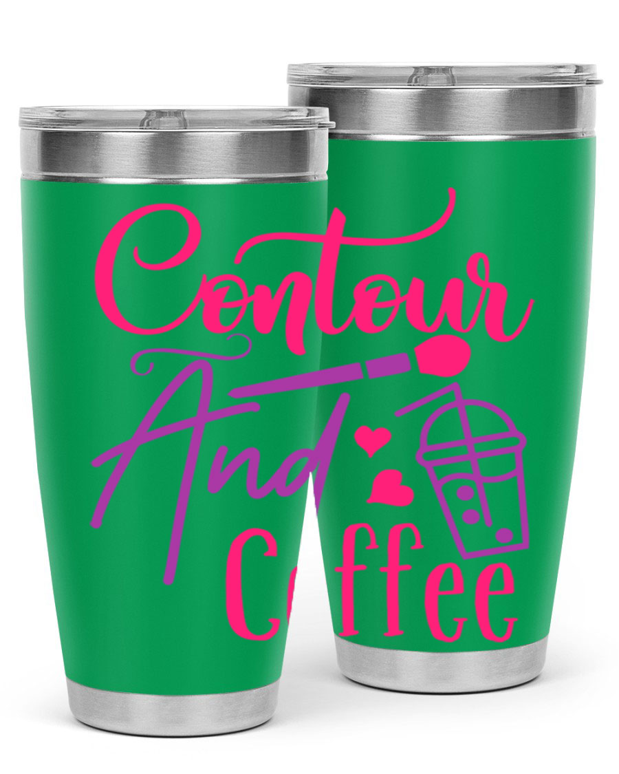 Contour And Coffee Style 243# 20oz Tumbler in stainless steel with a drink-thru lid, showcasing its sleek design and double wall vacuum insulation.