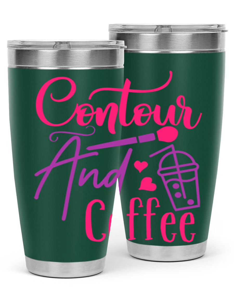 Contour And Coffee Style 243# 20oz Tumbler in stainless steel with a drink-thru lid, showcasing its sleek design and double wall vacuum insulation.