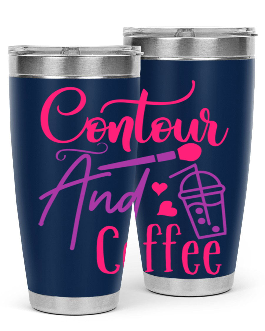 Contour And Coffee Style 243# 20oz Tumbler in stainless steel with a drink-thru lid, showcasing its sleek design and double wall vacuum insulation.