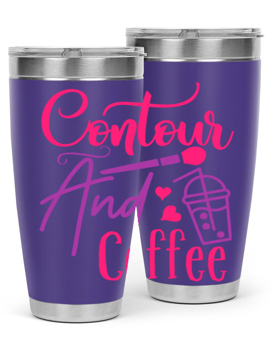 Contour And Coffee Style 243# 20oz Tumbler in stainless steel with a drink-thru lid, showcasing its sleek design and double wall vacuum insulation.