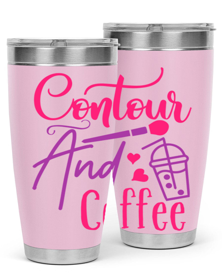 Contour And Coffee Style 243# 20oz Tumbler in stainless steel with a drink-thru lid, showcasing its sleek design and double wall vacuum insulation.