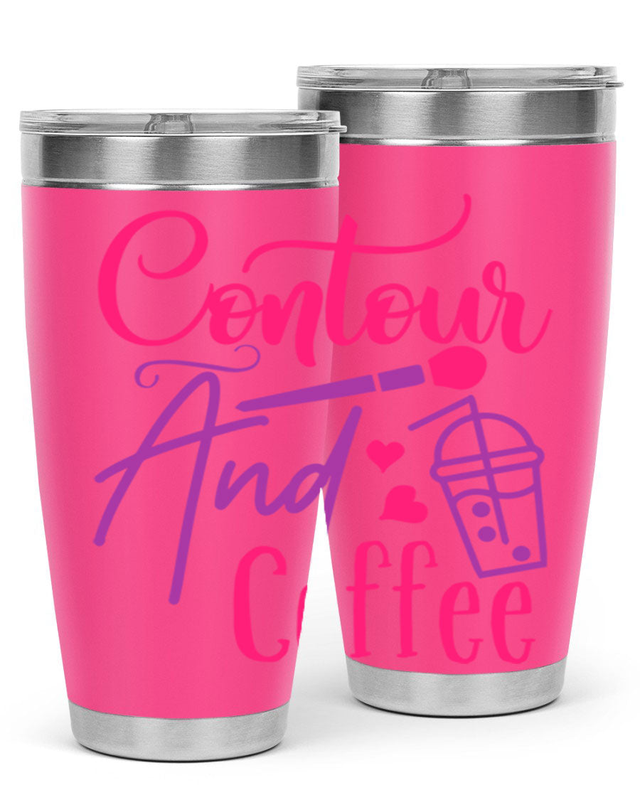 Contour And Coffee Style 243# 20oz Tumbler in stainless steel with a drink-thru lid, showcasing its sleek design and double wall vacuum insulation.