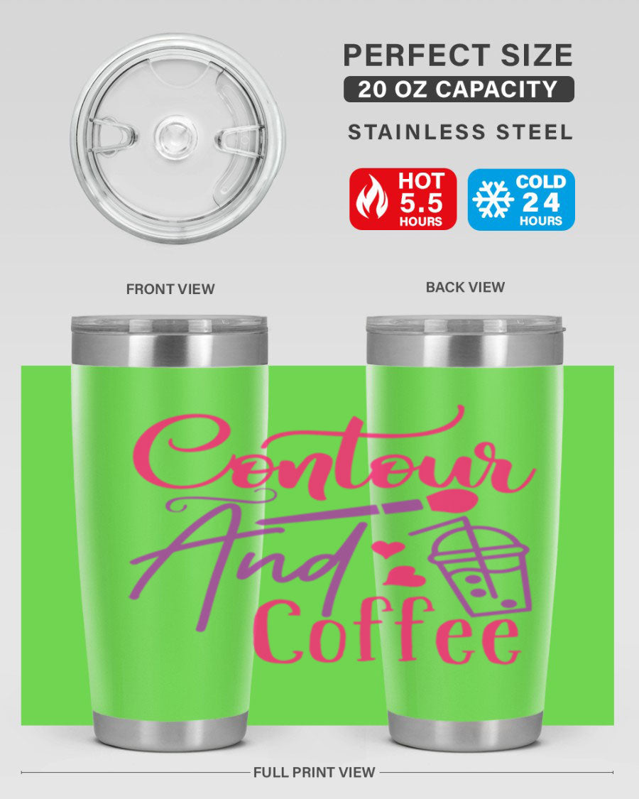 Contour And Coffee Style 243# 20oz Tumbler in stainless steel with a drink-thru lid, showcasing its sleek design and double wall vacuum insulation.