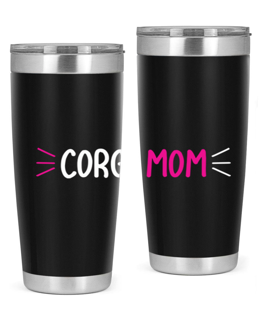 Corgi Mom 20oz Tumbler featuring a double wall vacuum stainless steel design with a drink-thru lid, perfect for dog lovers.