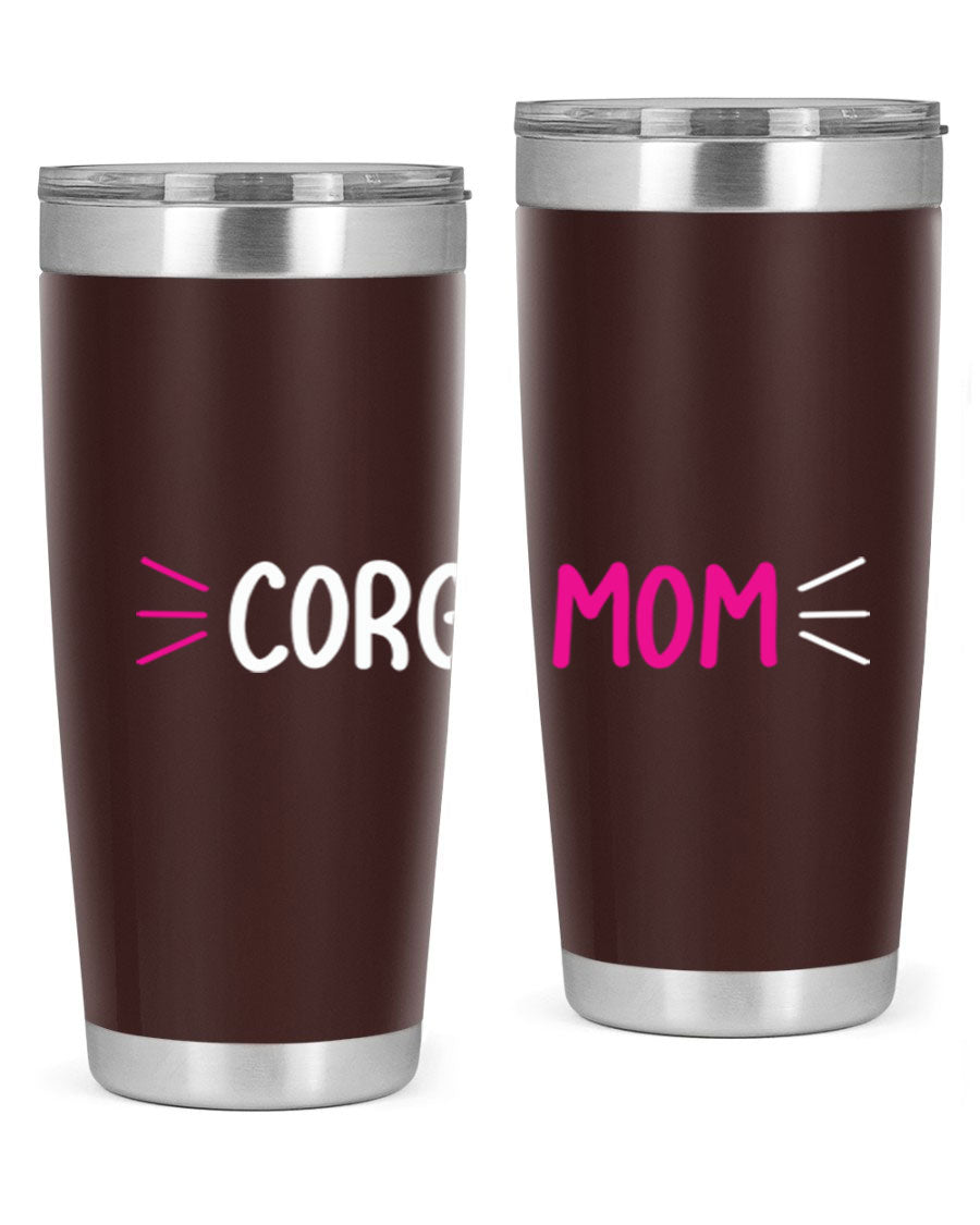 Corgi Mom 20oz Tumbler featuring a double wall vacuum stainless steel design with a drink-thru lid, perfect for dog lovers.