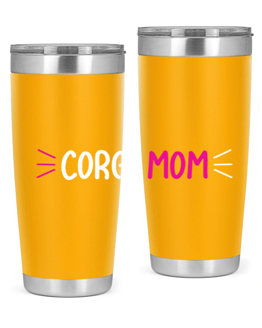 Corgi Mom 20oz Tumbler featuring a double wall vacuum stainless steel design with a drink-thru lid, perfect for dog lovers.