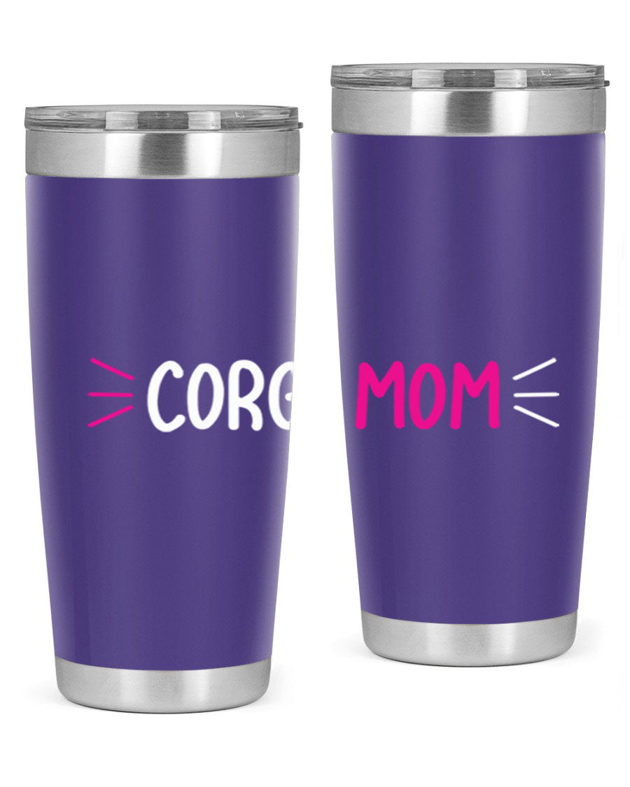 Corgi Mom 20oz Tumbler featuring a double wall vacuum stainless steel design with a drink-thru lid, perfect for dog lovers.