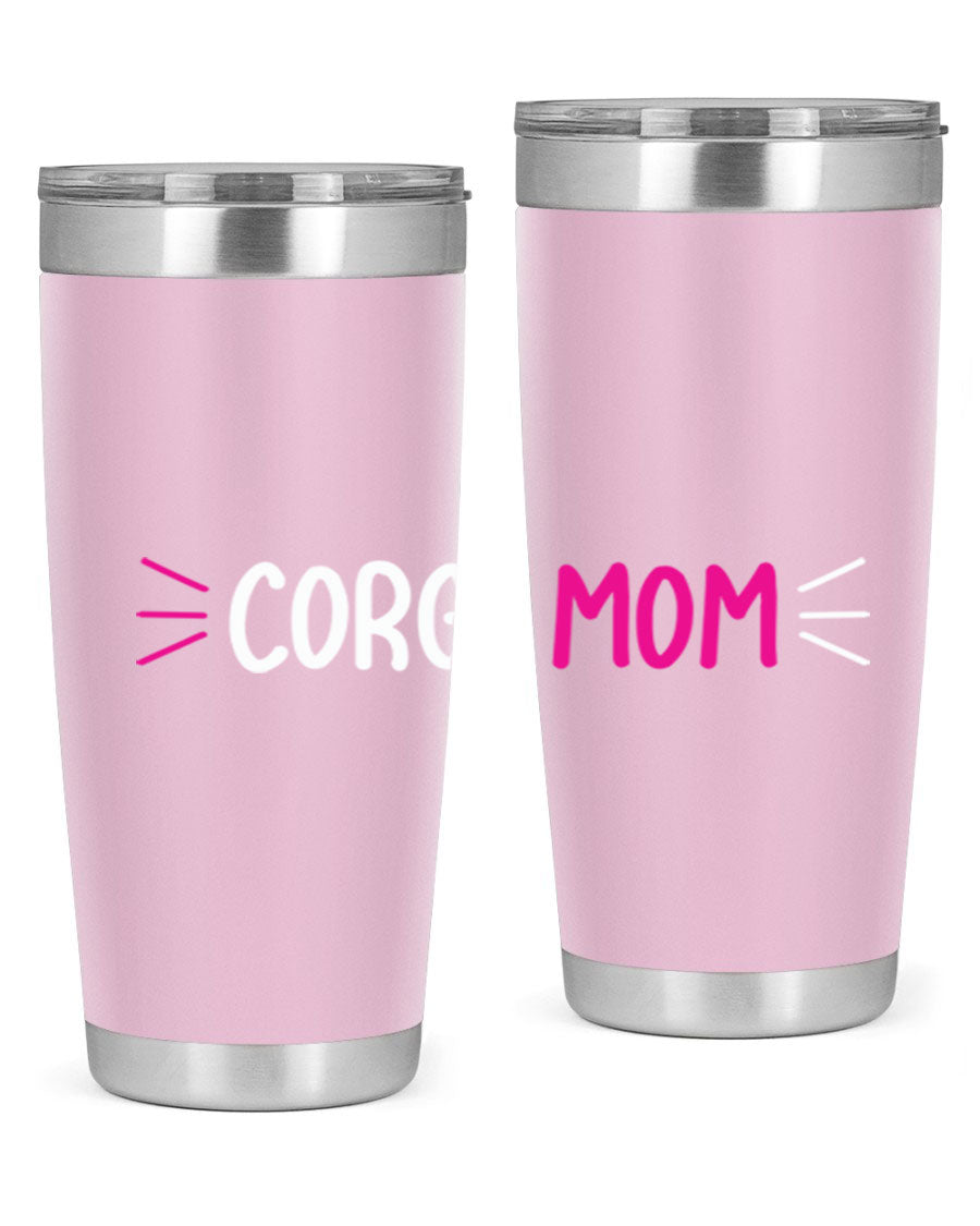 Corgi Mom 20oz Tumbler featuring a double wall vacuum stainless steel design with a drink-thru lid, perfect for dog lovers.