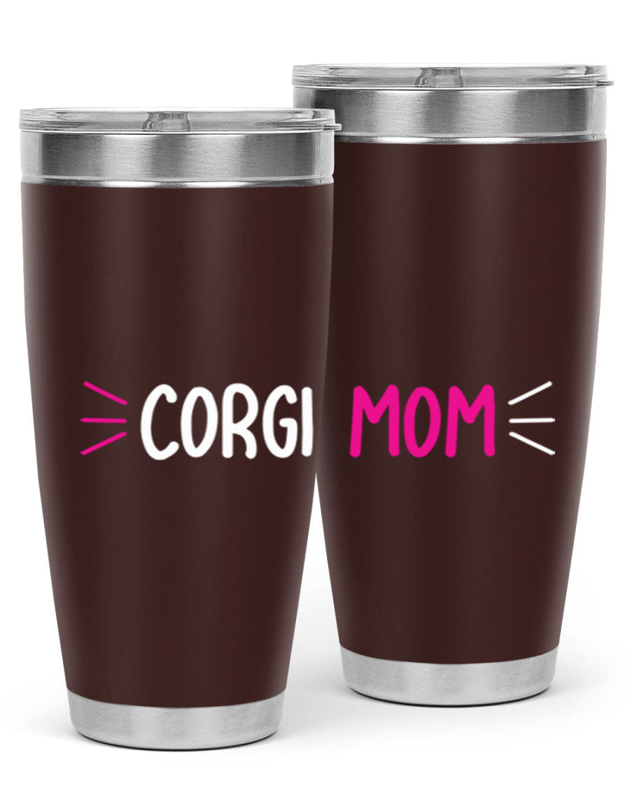Corgi Mom 20oz Tumbler featuring a double wall vacuum stainless steel design with a drink-thru lid, perfect for dog lovers.