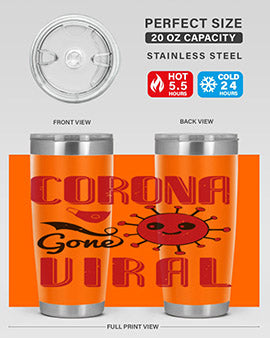 Corona Gone Viral Style 15# Tumbler in 20oz and 30oz sizes, showcasing double wall stainless steel design with vibrant print.