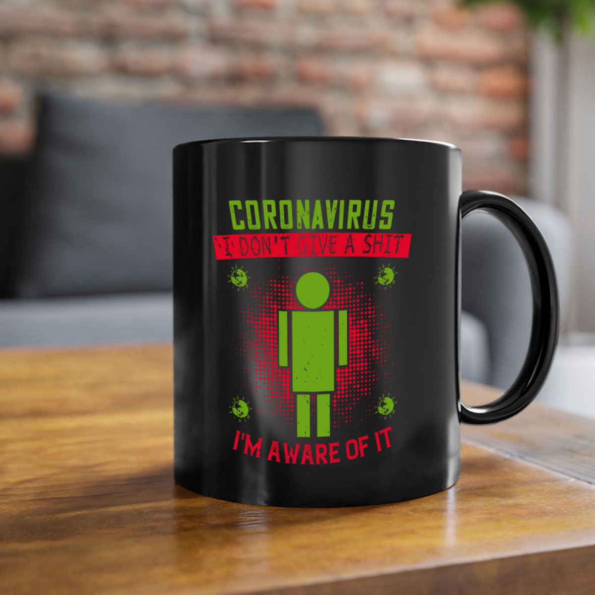 A stylish two-tone ceramic mug with a humorous coronavirus design, featuring a colored handle and glossy finish, available in multiple colors.