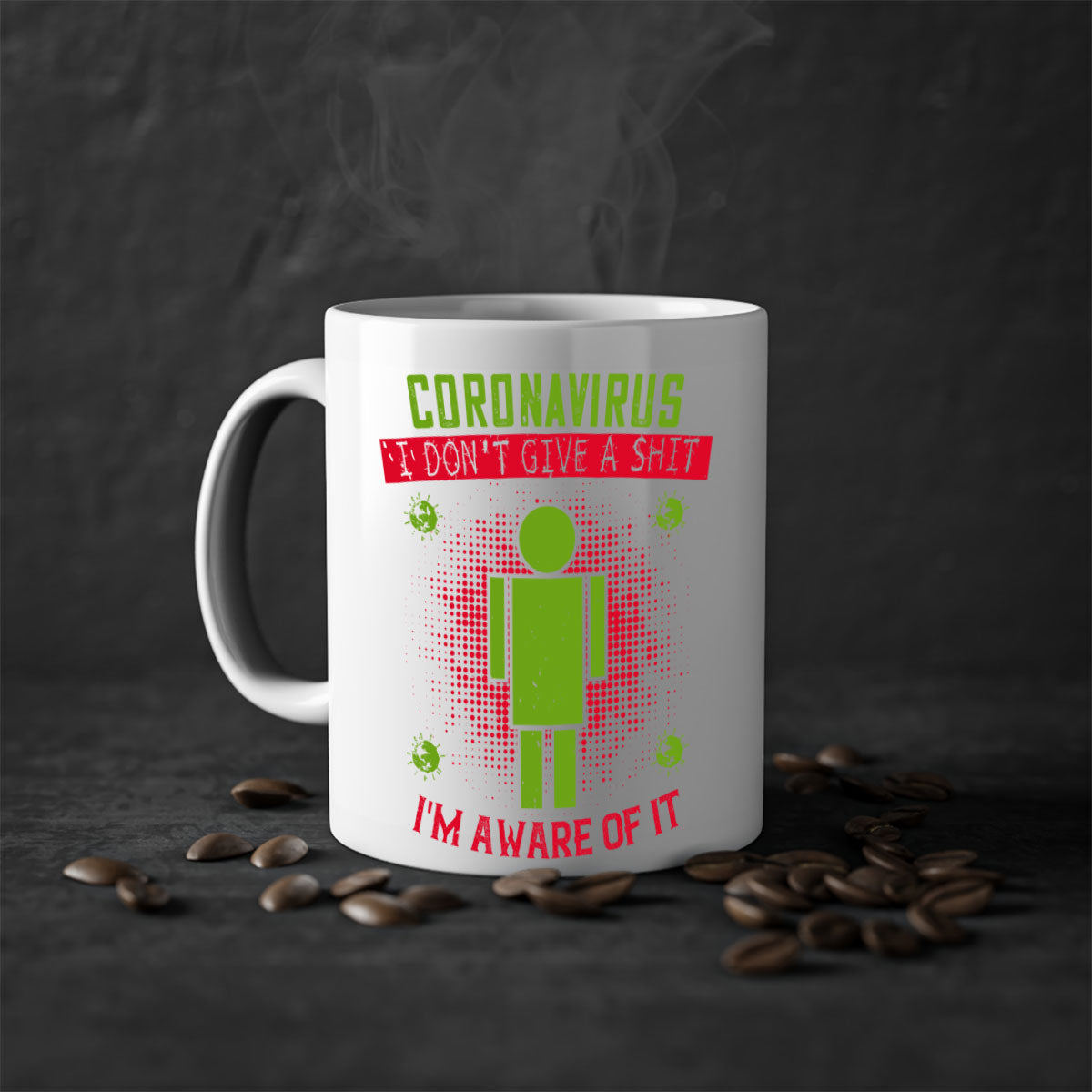 A stylish two-tone ceramic mug with a humorous coronavirus design, featuring a colored handle and glossy finish, available in multiple colors.