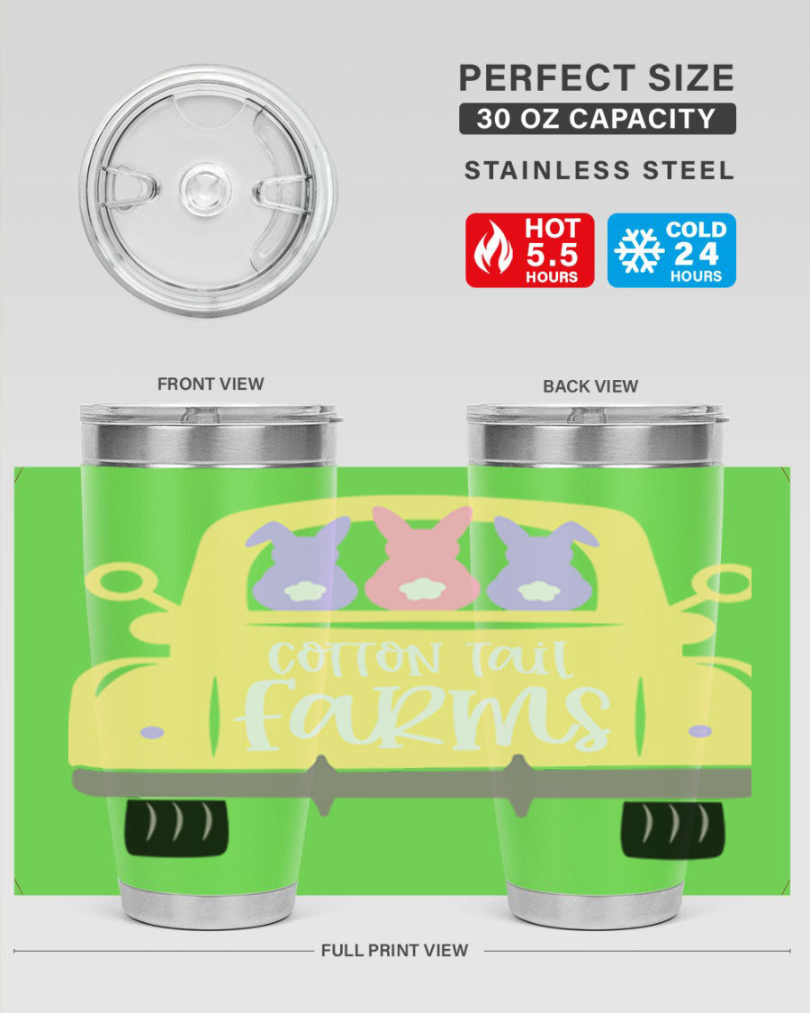 Cotton Tail Farms 20oz Easter Tumbler featuring double wall vacuum stainless steel construction and vibrant Easter-themed design.